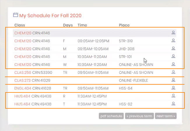 Screenshot detail from the MyUTK desktop view, showing My Schedule for Fall 2020